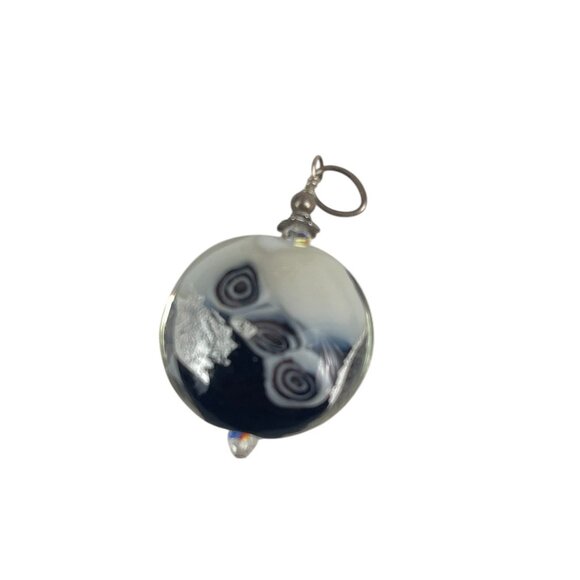 Handcrafted Black White Murano Glass Pendant Abstract Swirl Design Sterling Silv - Picture 2 of 6